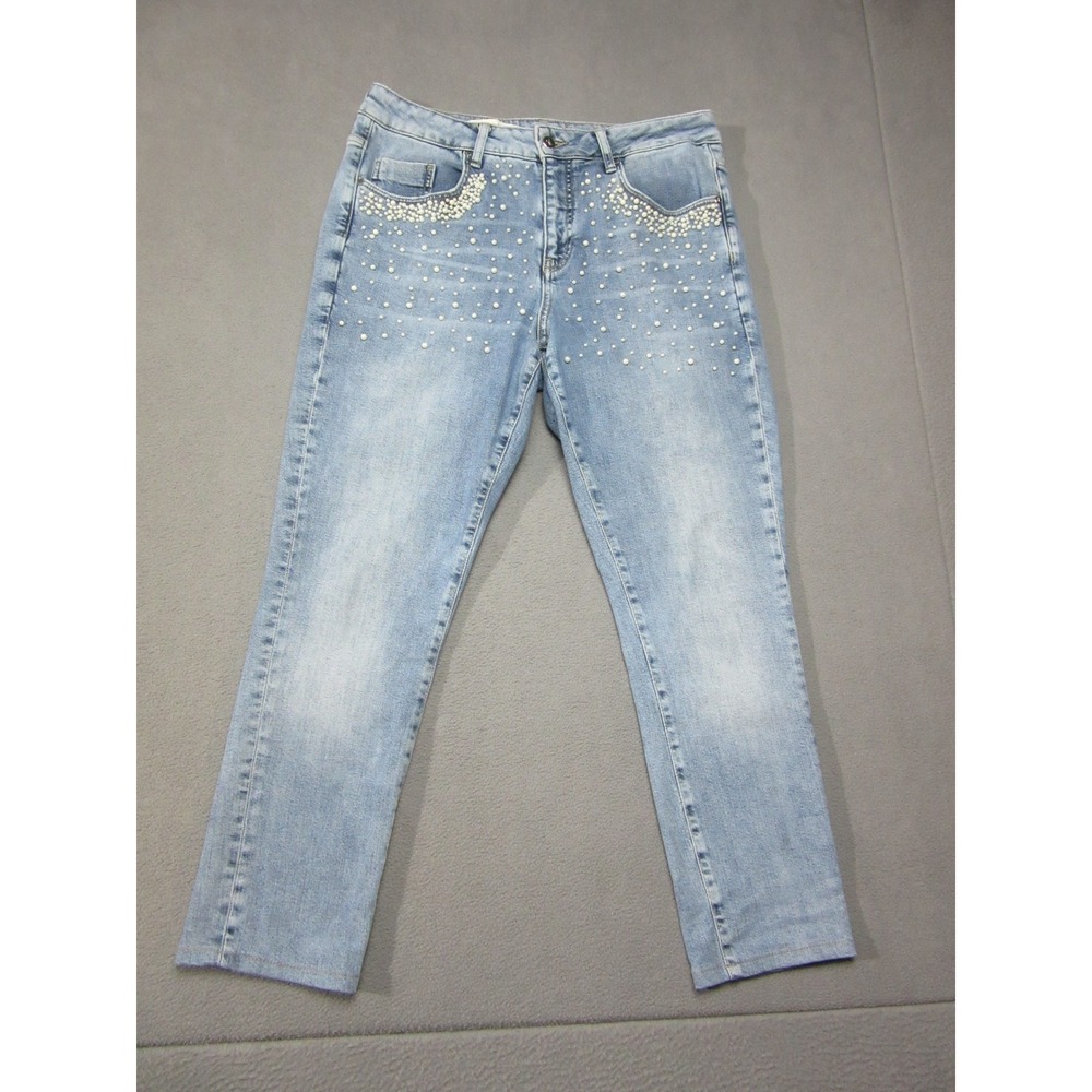 Pilcro Letterpress Jeans Womens 32 Blue White Pearl Embellished Bedazzled